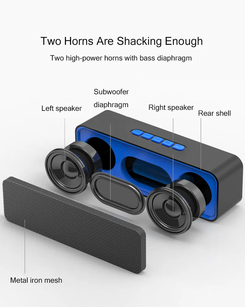 Caixa de som Bluetooth 5.0 com subwoofer portátil 2x6 W bateria 1500 mAh USB TF AUX microfone viva voz para casa carro e camping