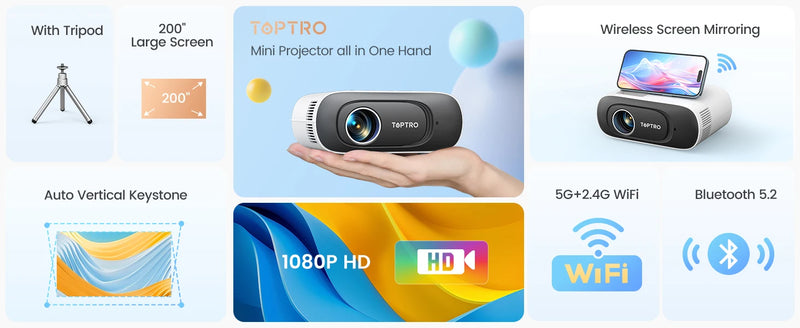 TOPTRO TR26 mini projetor 720p com suporte 1080P, ~300 ANSI, auto keystone, Wi-Fi e Bluetooth, até 200"