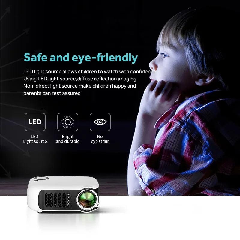AUN A2000 mini projetor portátil, LED, sistema multimídia, suporte 1080P (entrada), ultra compacto para usos ocasionais
