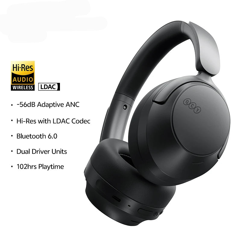QCY H3S com ANC adaptativo −56 dB LDAC Hi-Res som espacial 360° bateria 102 h drivers duplos 40 mm + 13 mm e app com 7 EQ