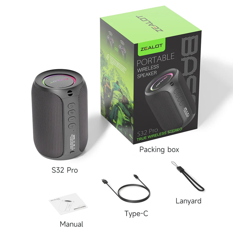 Zealot S32PRO caixa de som Bluetooth 5.2 grave potente com LED som imersivo resistente à água bateria 3600 mAh e entrada AUX