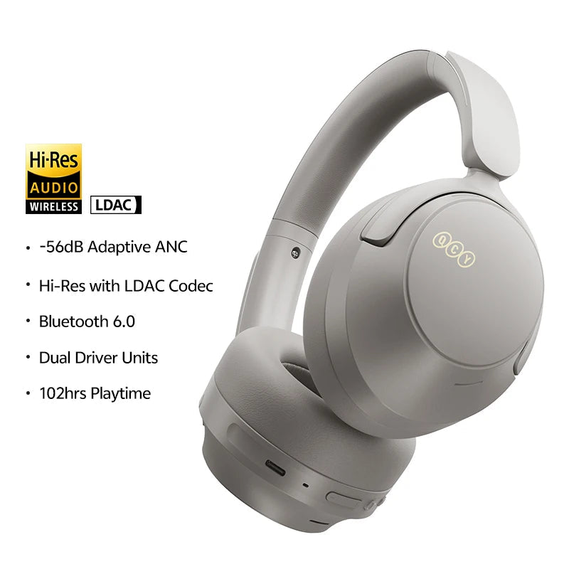 QCY H3S com ANC adaptativo −56 dB LDAC Hi-Res som espacial 360° bateria 102 h drivers duplos 40 mm + 13 mm e app com 7 EQ
