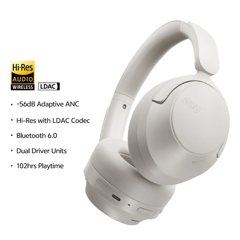QCY H3S com ANC adaptativo −56 dB LDAC Hi-Res som espacial 360° bateria 102 h drivers duplos 40 mm + 13 mm e app com 7 EQ