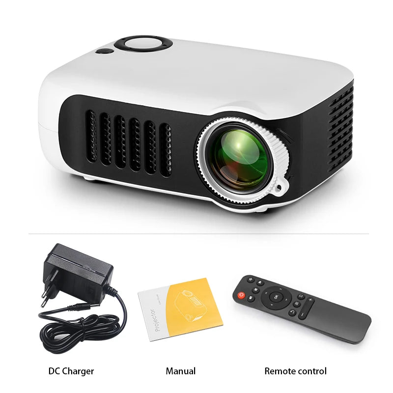 AUN A2000 mini projetor portátil, LED, sistema multimídia, suporte 1080P (entrada), ultra compacto para usos ocasionais