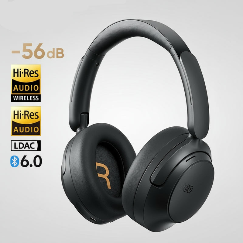 QCY H3S com ANC adaptativo −56 dB LDAC Hi-Res som espacial 360° bateria 102 h drivers duplos 40 mm + 13 mm e app com 7 EQ