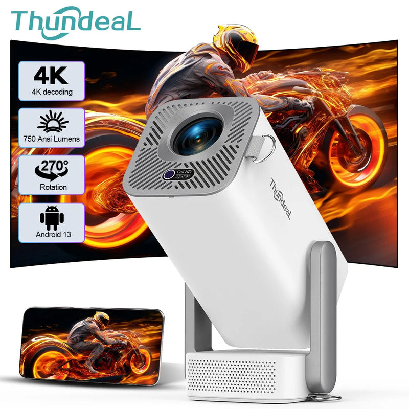 Projetor ThundeaL TD80 Pro 1080P nativo, 750 ANSI, Android 13, Wi-Fi 6 5G, Bluetooth 5.0, foco elétrico e keystone automático, até 120"