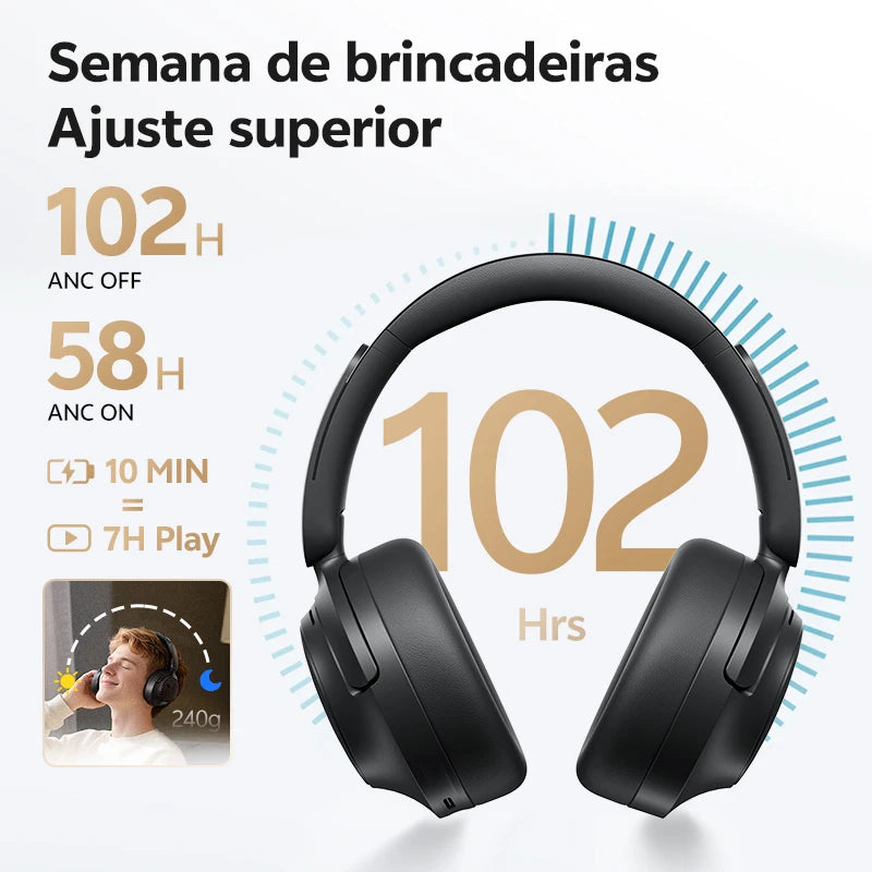 QCY H3S com ANC adaptativo −56 dB LDAC Hi-Res som espacial 360° bateria 102 h drivers duplos 40 mm + 13 mm e app com 7 EQ