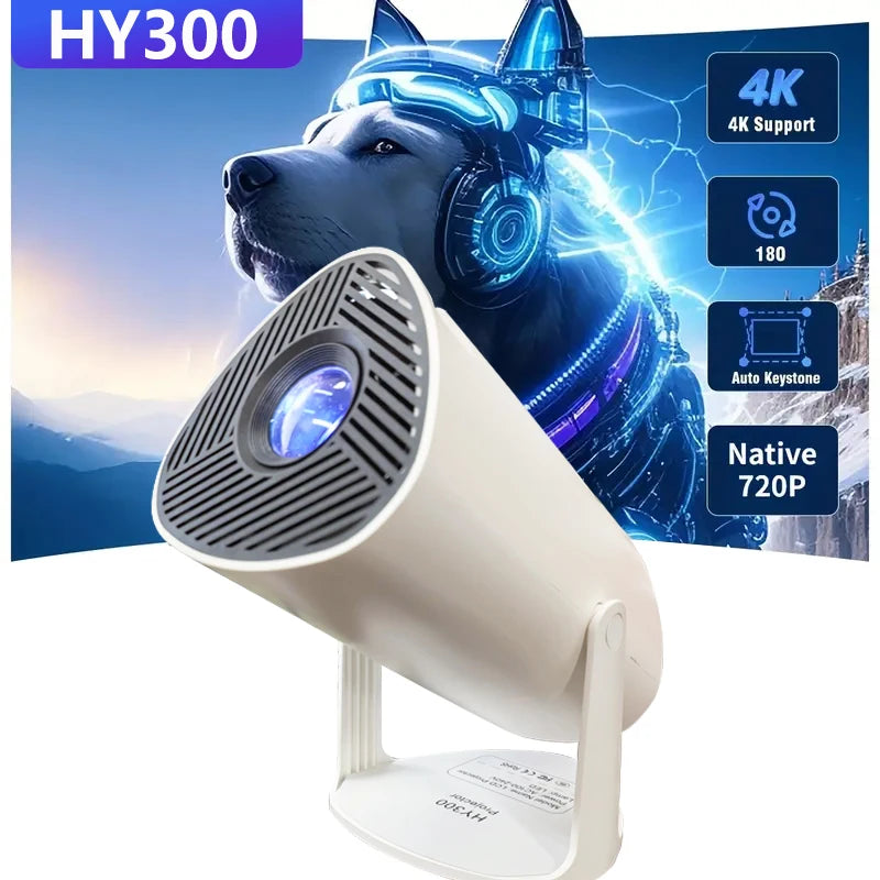 Mini projetor Android 11 HY300 atualizado, 4K (suporte) / 150 ANSI, Wi-Fi 6, BT 5.0, rotação 180°, keystone automático, até 130"