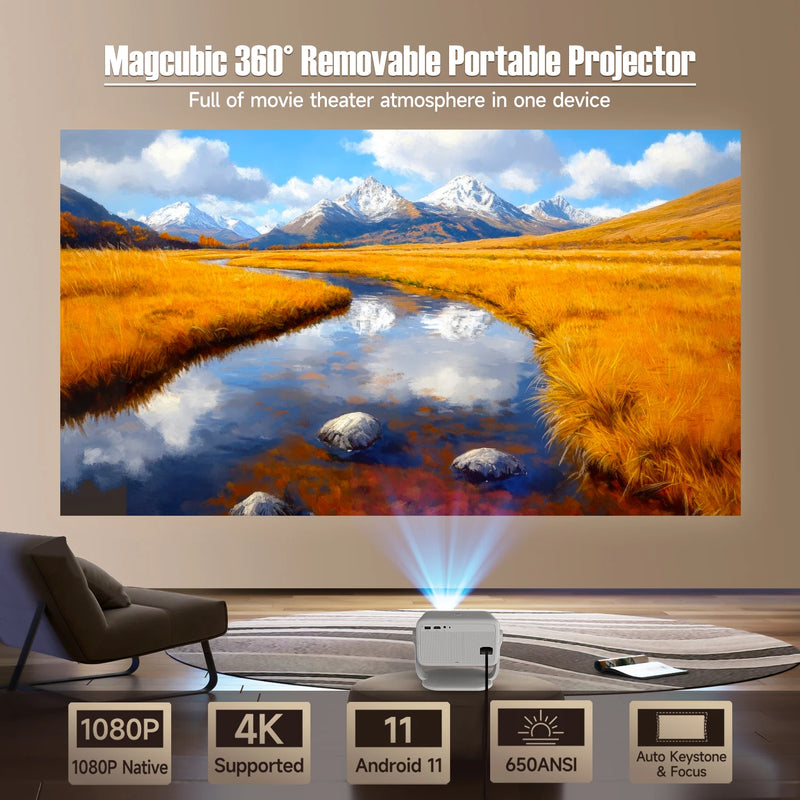Projetor Magcubic L018 portátil 650 ANSI nativo 1080P Android 11 Wi-Fi6 Bluetooth 5.2 foco automático e tela até 300 polegadas