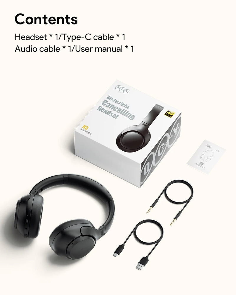 QCY H3 com Bluetooth 5.4 Hi-Res híbrido ANC 43 dB 60 h de bateria conexão dupla conforto memória espuma e modo com fio