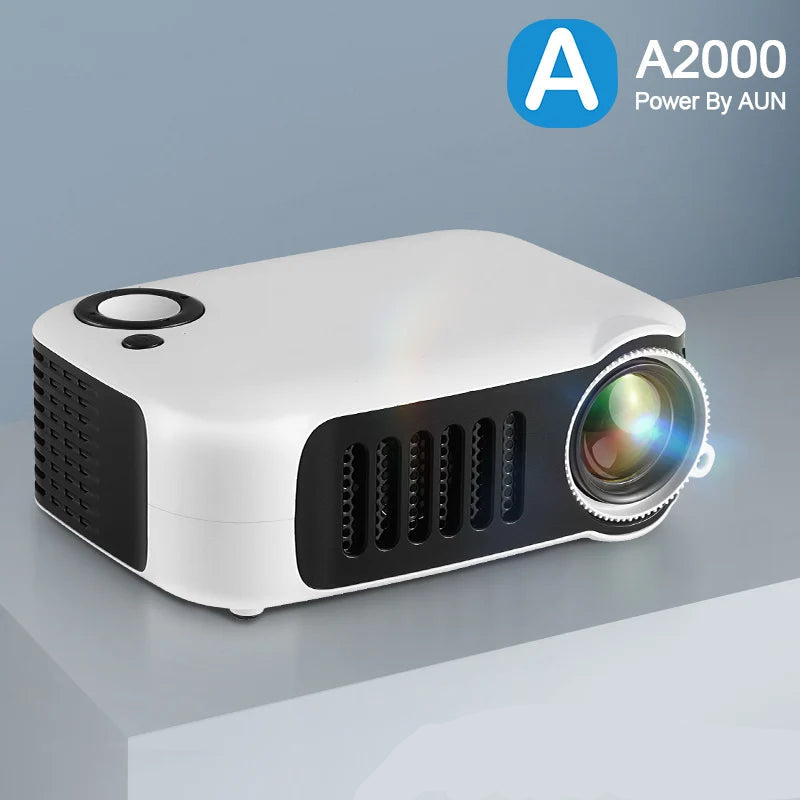 AUN A2000 mini projetor portátil, LED, sistema multimídia, suporte 1080P (entrada), ultra compacto para usos ocasionais