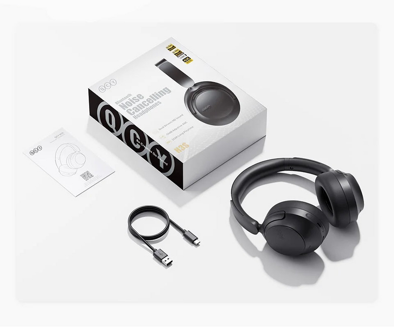 QCY H3S com ANC adaptativo −56 dB LDAC Hi-Res som espacial 360° bateria 102 h drivers duplos 40 mm + 13 mm e app com 7 EQ