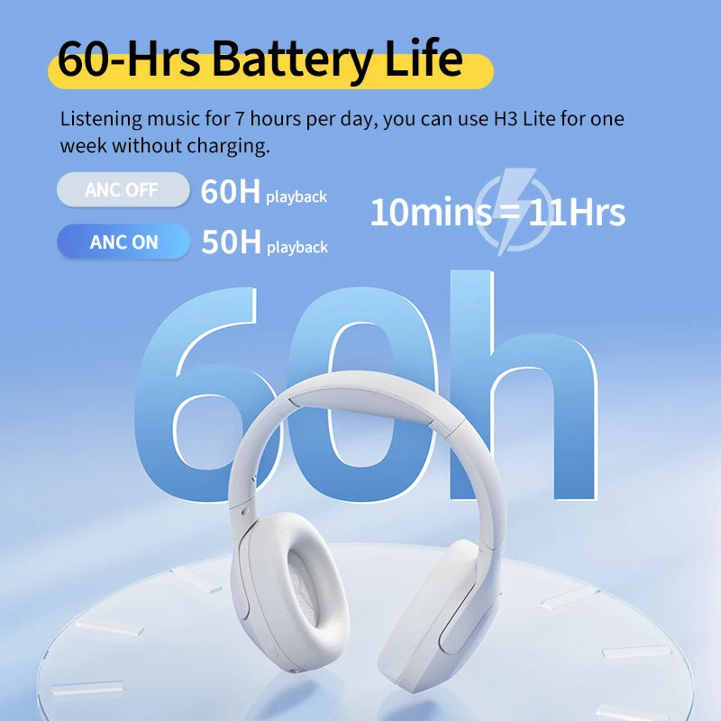 QCY H3 Lite over ear com ANC Bluetooth 5.3 60 h de bateria conforto memória espuma conexão dupla e modo com fio