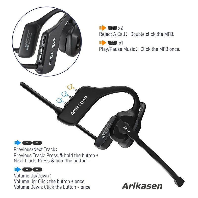 Headset open-ear com microfone de haste ENC Bluetooth 5.3 leve conforto dia todo para caminhoneiros escritório e call center
