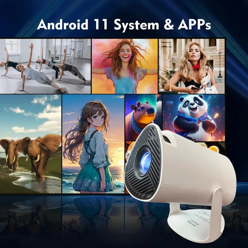Mini projetor Android 11 HY300 atualizado, 4K (suporte) / 150 ANSI, Wi-Fi 6, BT 5.0, rotação 180°, keystone automático, até 130"