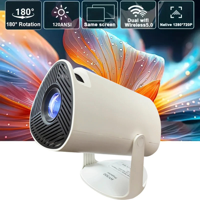 Mini projetor Android 11 HY300 atualizado, 4K (suporte) / 150 ANSI, Wi-Fi 6, BT 5.0, rotação 180°, keystone automático, até 130"