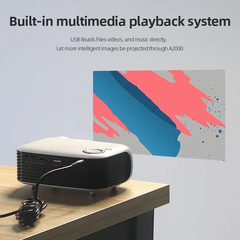 AUN A2000 mini projetor portátil, LED, sistema multimídia, suporte 1080P (entrada), ultra compacto para usos ocasionais