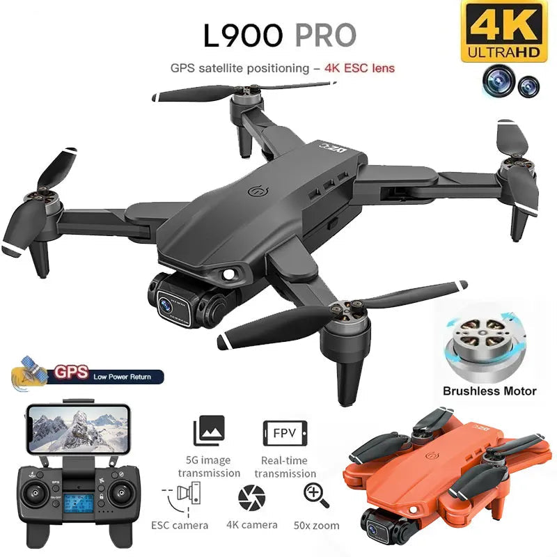Drone L900 Pro com motores brushless GPS 4K ESC 90 graus 5G WiFi 28 minutos até 1200 m retorno automático follow me e orbit
